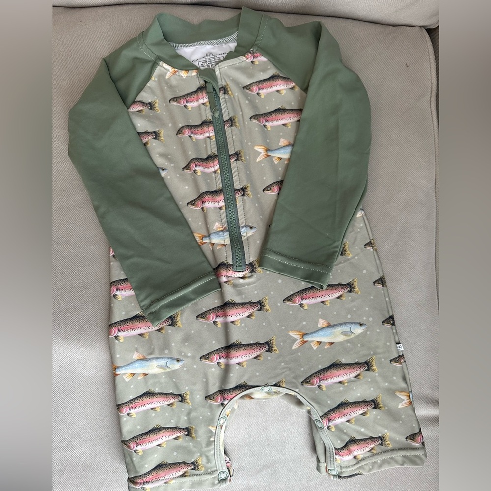 Caden Lane Green Fish Print Baby rashguard swim romper -18-24 months